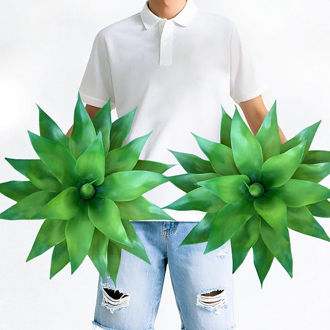 Artificial Agave Plants, Realistic UV Resistant Fake Aesthetic Plants for Outdoor Indoor, Home Decor for Garden, Porch, Doorway, Patio (2PCS, Green, Medium)