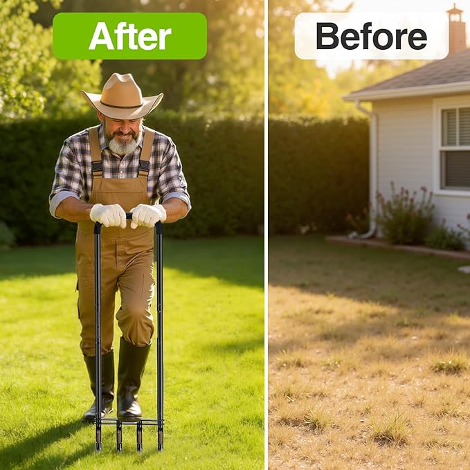 Knee-Friendly Manual Lawn Aerator Tool –Adjustable SUS304 Stainless Steel Core Aerator for Grass, Yard Aeration Tool with 4 Hollow Tines for Lawn Care and Compacted Soil,43.3"-48.5",Black