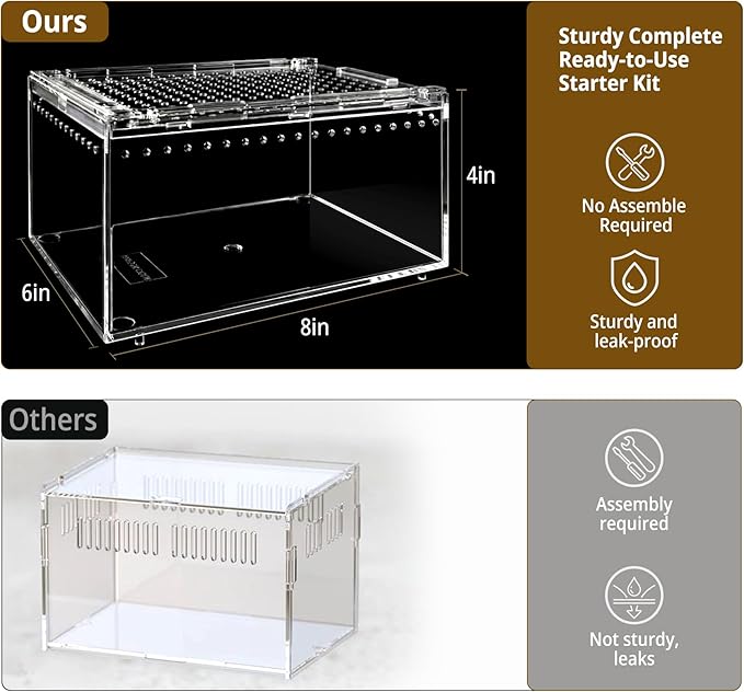 Reptile Terrarium Starter Kit, PC Habitat w/Magnetic Lid & Full Ventilation, Scorpion Habitat, Tarantula Enclosure, Spiders Cage, Insect Terrarium, Mantis & Small Frog Terrarium, 8"x6"x4" Assembled
