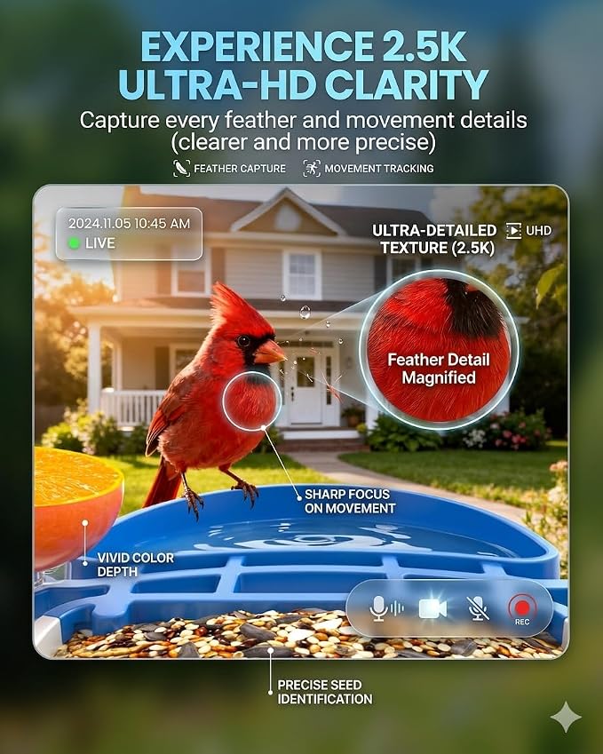 Smart Bird Feeder with Camera 2.5K QHD, AI Identify 16000+ Birds, Auto-Capture & Motion Detection, IP65 Waterproof, 5W Solar Panel, 140° Field of View, Bird Watching Gift