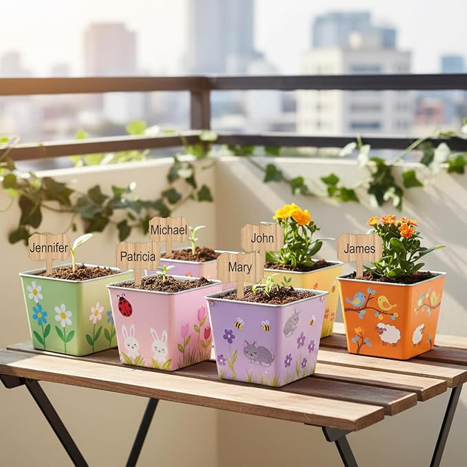 6 Sets Garden Flower Pots Crafts Kit DIY Spring Stainless Steel Pots with Acrylic Paint Stickers Brushes Plant Labels Gardening Tools Kit for Planting Crafts Spring Birthday Easter Gift