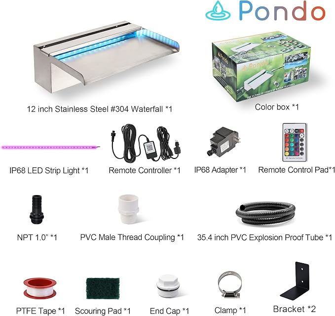 12'' APP Control Pool Waterfall with RGB LED Lights, Stainless Steel Pond Fountain Set for Outdoor Decorations, Patio Waterfall Spillway Kit w/16 Color Changing, Easy Install