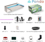 PONDO Pool Waterfall 12" APP with 16 Colors LED Lights, Stainless Steel Pond Fountain Set for Outdoor Decorations, Patio Waterfall Spillway Kit on The Wall for Garden, Easy Installation