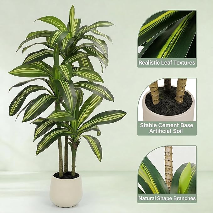 5FT Artificial Tree Dracaena Plant in Decorative Pot-Realistic Fake Plant for Indoor Outdoor Use,Home Office Living Room Decor,Real Touch Leaves,Housewarming Gift,Black Planter