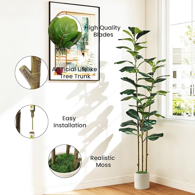 Alupssuc 6FT Artificial Fiddle Leaf Fig Tree with White Planter Pot, 6 feet Tall Fake Tree for Home Decor, Faux Ficus Tree Fake Moss for Indoor Outdoor Office Living Room