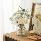 Artificial White Flowers with Vase, Fake Flowers Arrangement for Home Decor, Faux Flowers for Farmhouse Coffee Table Decor, House Kitchen Centerpiece Table Decorations