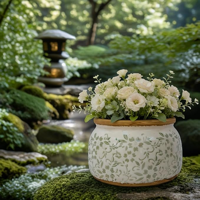 Vintage Ceramic Flower Pot - Indoor Outdoor Planters with Drainage Holes & Filter Screen, 9’’ Large Rustic Farmhouse Decorative Plant Pots for Garden/Patio/Balcony (Green Vines, Large)