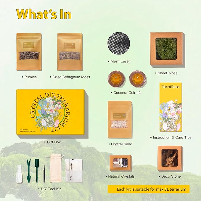 DIY Crystal Terrarium Kit– All-In-One Starter Kit with Preserved Moss, Pumice, Crystals, Coconut Coir, Gardening Tools & Decor | Healing Gift for relaxing | Plants & Crystal Lovers | Home & Desk Decor