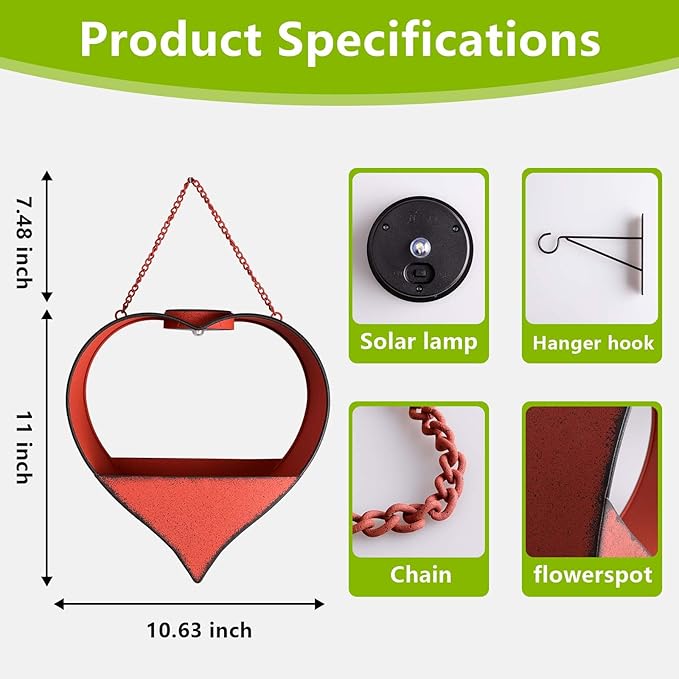 Hanging Planter Outdoor with Auto-On/Off Solar Lights, Metal Heart Shaped Flower Pot for Garden, Patio, Porch, Balcony Decor, Garden Gifts for Women, Mom, Wife, Gardeners (Rust)