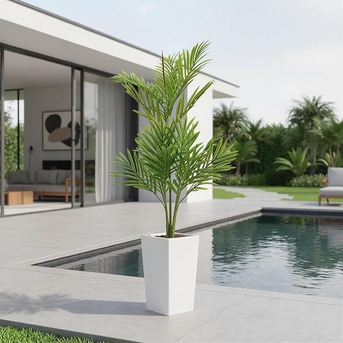 Artificial Palm Tree 4.5FT Tall, Faux Tropical Plant in White Tall Planter, Lifelike Potted Tree for Indoor Living Room, Bedroom, Home Office Decor