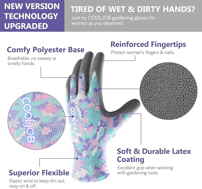 COOLJOB 2 Pairs Colorful Gardening Gloves for Women Ladies, Breathable Rubber Coated for Yard Garden, Outdoor Indoor Protective Work, Small Size, Varied Colors