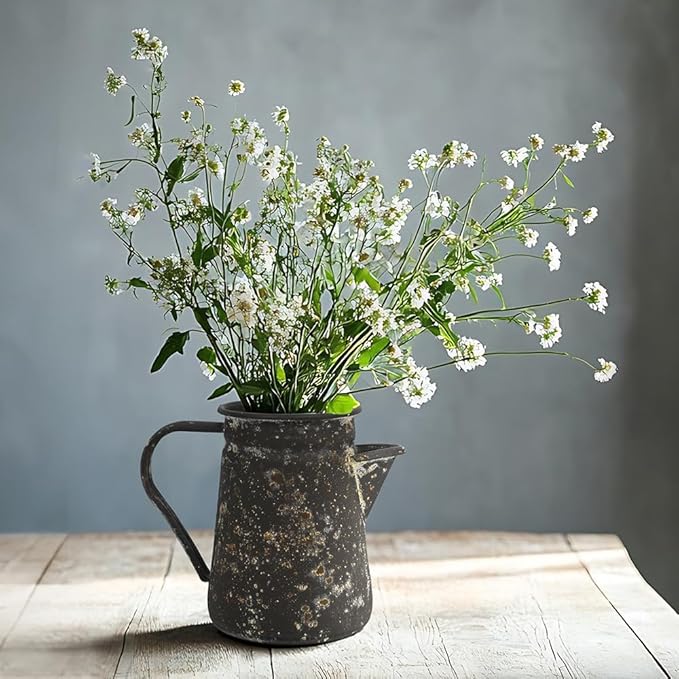Vintage Pitcher Vase Rustic Farmhouse Vase for Flowers Vintage Metal Milk Jug Small Decorative Pitcher Shabby Chic Decor for Home, Kitchen, Bathroom, Brown