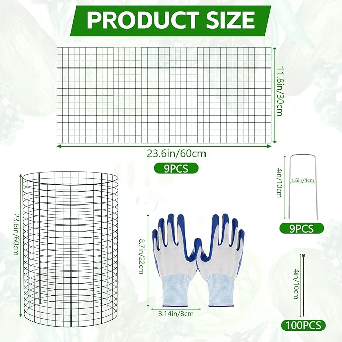 9 Packs 24"x 12" Large Wire Plant Protectors Cages to Keep Animals Out,3 Pcs Mesh Plant Cage Chicken Wire Cloche with Ground Stakes Nylon Ties Protect Plants,Shrubs,Vegetables,Garden Cloche