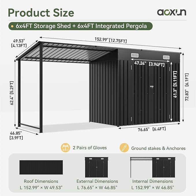 Aoxun 6x4FT Outdoor Storage Shed & Hardtop Gazebo Combo with Magnetic Sensor Lights, 12x4FT Metal Lean to Shed with Pergola, 2-in-1 Durable Garden Tool Shed for Patio, Backyard, Deck