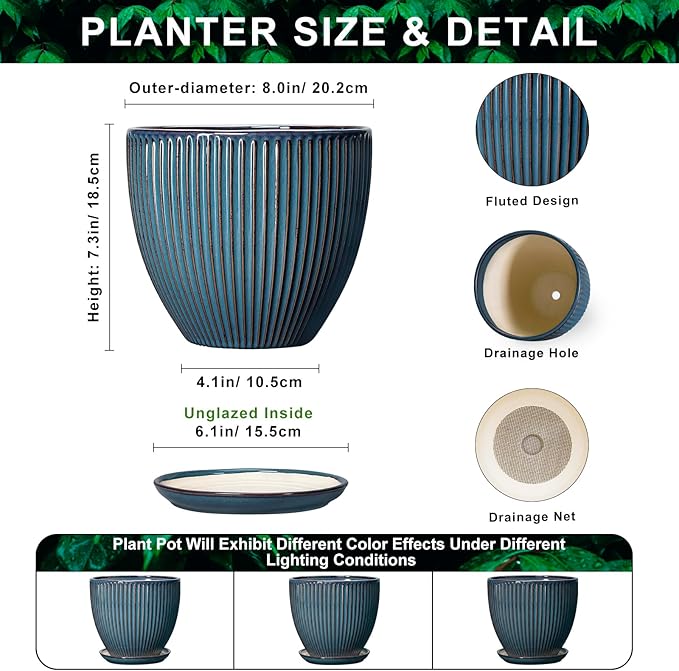 Ceramic Plant Pots, 8 Inch Planters for Indoor Plants, Decorative Flower Pots with Drainage Hole and Saucer, Round Planter, Indoor Flower Pot, Modern Home Decor, Plant Lover Gifts, Retro Blue