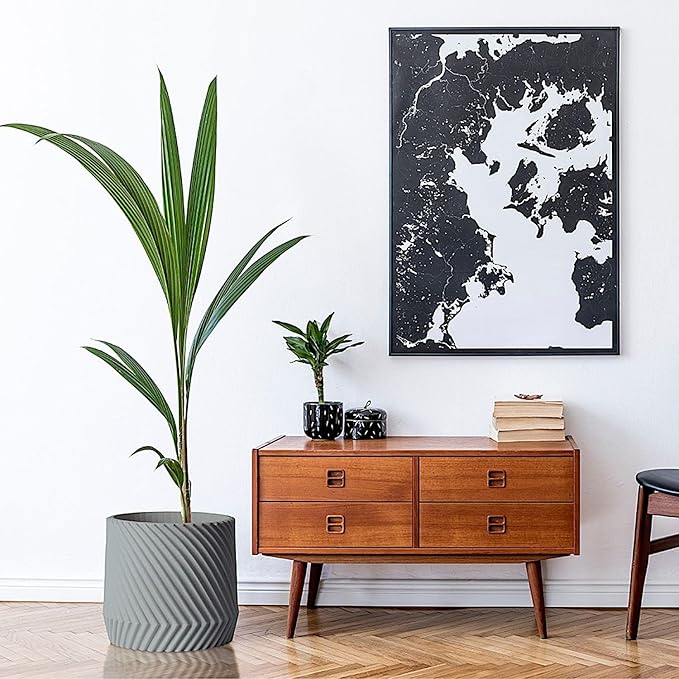 Fox & Fern Large 12 Inch Planter — Premium Polystone Gray Plant Pot with 3D Texture and Drainage Plug - 12 Inch Pots for Plants Indoor - Large Planter for Indoor & Outdoor Plants