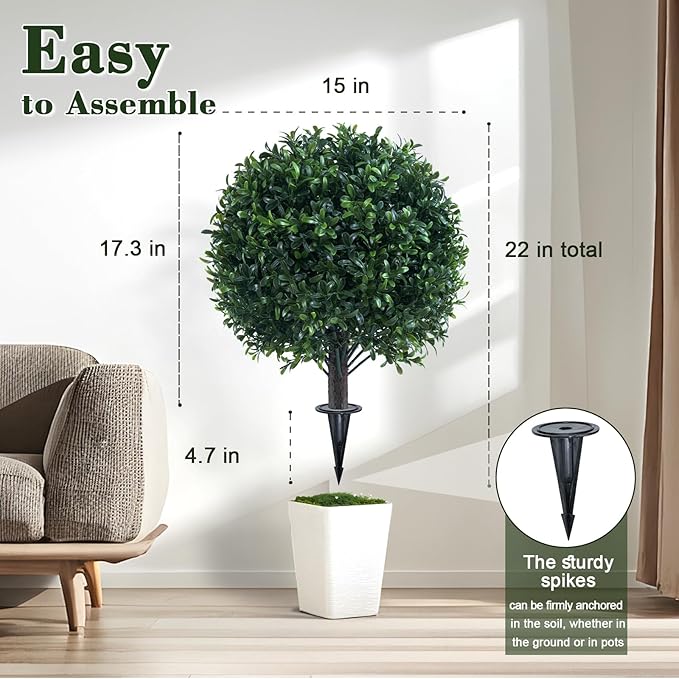 Artificial Boxwood Topiary Ball Bush for Outdoor with Spike, UV Resistant Faux Boxwood Ball Tree with Stake for Outside Set of 2, Weatherproof Round Fake Shrubs for Entryway Front Porch
