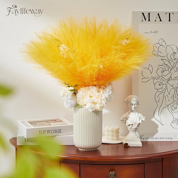 50PCS Pampas Grass Decor, 17" Yellow Pompas Grass, Fluffy Small Pampas Grass for Vase Filler Home Wedding Wall Table Party Decoration