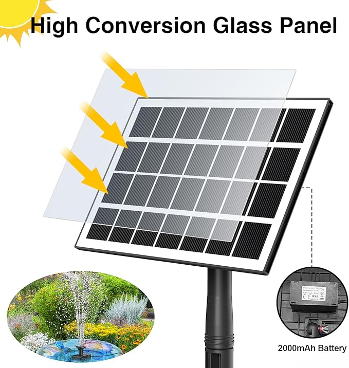 Jutai Solar Fountain Works in Cloudy Day with 2000mAH Battery Backup, 3.5W Glass Panel DIY Water Pump Kit with Sucker and Stake for Bird Bath, Water Feature,Garden, Outdoor-7 Nozzles,16.4ft Power Cord