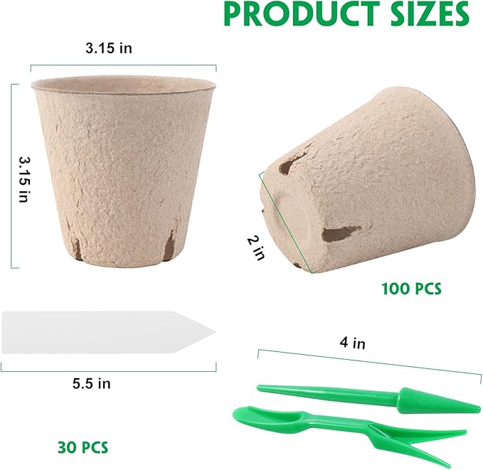 BEWBBAT 100 Pack Peat Pots for Seedlings, 3.15 Inch Plant Starter Cups with Drainage Holes, Garden Germination Nursery Pots with 30 Plant Labels, 2 Transplant Tools for Herb, Vegetables, Plants