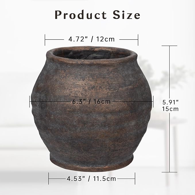 Briful Rustic Vintage Ceramic Pottery Vase, 6.1'' Farmhouse Table Decor with Distressed Texture, Wide Mouth Decorative Jar Vases for Home Decor, Shelf & Entryway, Brown