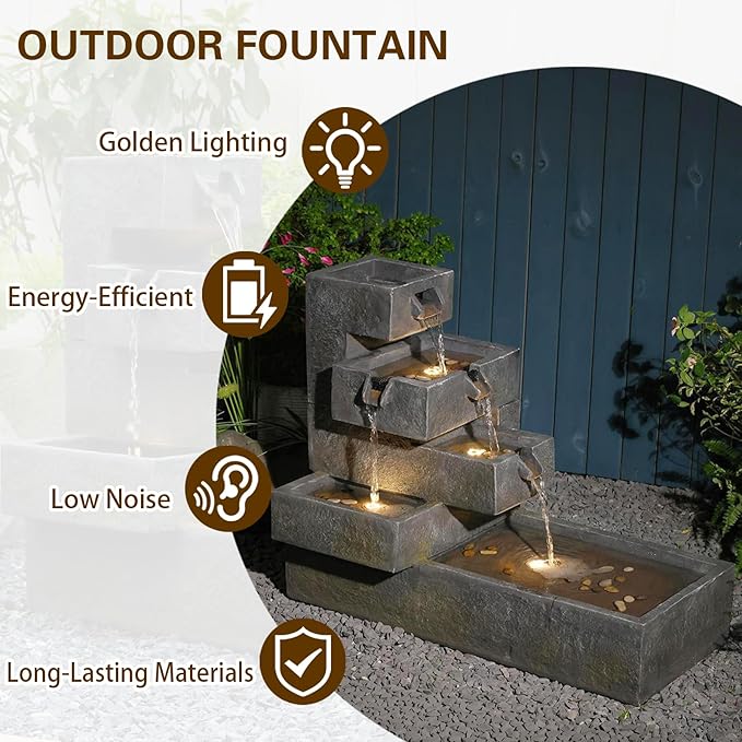 Sunlinua 26" H Outdoor Water Fountain with 4 Tiers Cascading Rock Texture Waterfall Fountains with LED Lights Outdoor Water Fountain for Garden Patio Backyard Porch Home Decor