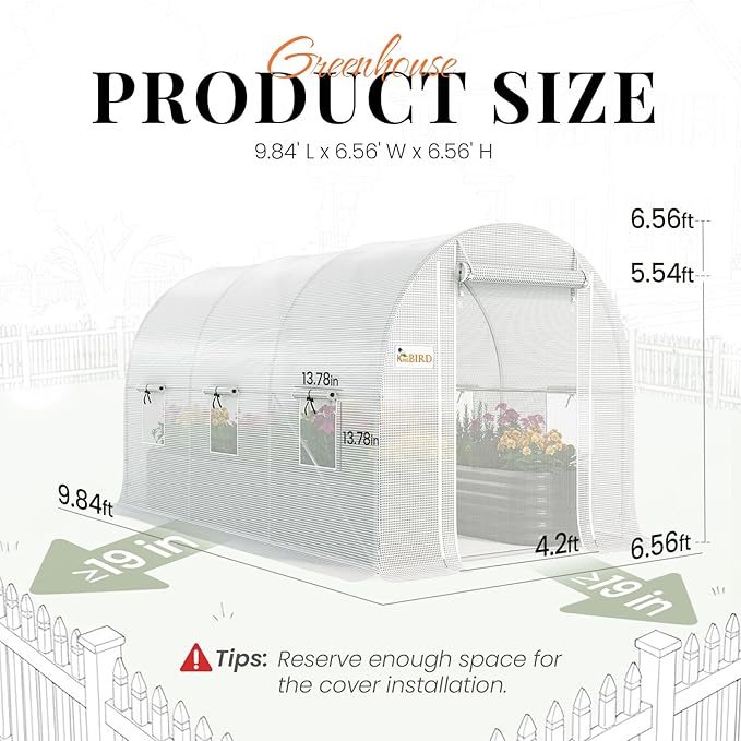 KING BIRD Premium 10x6.6x6.6FT Greenhouse for Outdoors, Large Walk-in Heavy Duty Galvanized Steel Frame, Mesh Door Screen Window Upgraded Zipper Tunnel Hoop for Garden Plant Winter, White