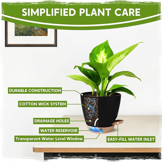 5 Pack 6 Inch Self Watering Planters for Indoor Plants, Automatic Watering Pots for Busy Plant Parents & Vacation, Decorative Modern Flower Pots with Drainage & Saucers (Black, 6 inch)