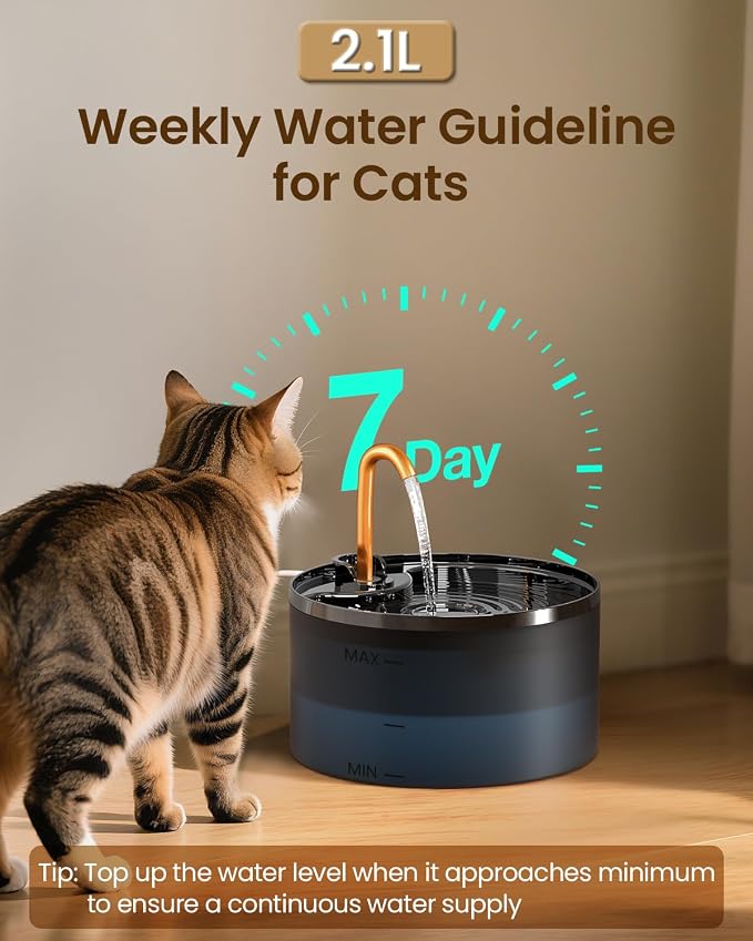Cat Water Fountain with 6-Pack Replaceable Filters, 71oz/2.1L Cat Fountain for Drinking with Copper Faucet, MISFANS-Designed Pump & Filter, Plastic Automatic Pet Water Fountain Bowl & Dispenser
