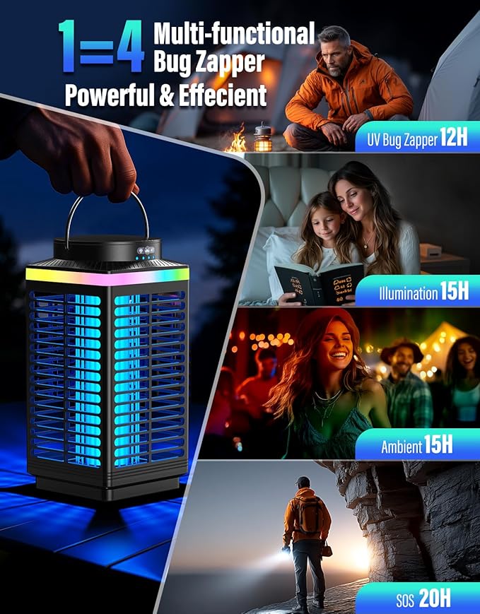 Bug Zapper Outdoor Cordless, 4200V Electric Mosquito Zapper with LED Blue Light, 3 in 1 Portable & Rechargeable Bug Zapper Outdoor Waterproof IP67, Wireless Hanging Fly Zapper for Patio Camping