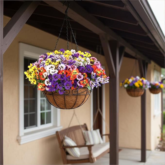 CEWOR 24 Bundles Artificial Flowers for Outdoor Indoor, Fake Silk Pansy with Eucalyptus Leaves, Faux Flower for Garden Front Door Porch Planter Patio Home Decor (Yellow White Purple Pink Orange Blue)