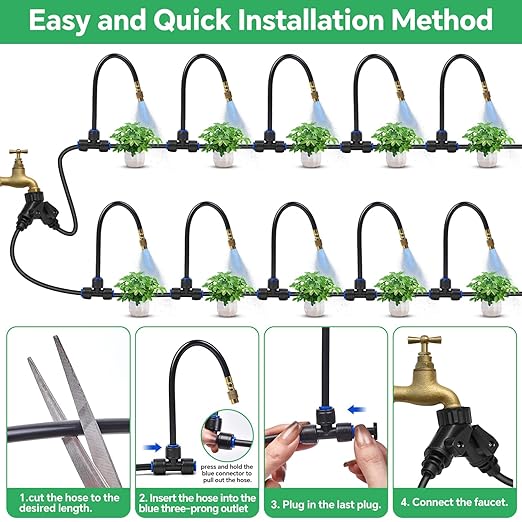 160Ft 1/4" Drip Irrigation System for Garden – 34 Adjustable Copper Nozzles, Automatic Atomizing Sprinkler System for Outdoor Plants Raised Bed, Yard, Potted Plants & Lawn