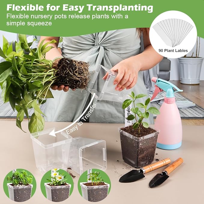 RooTrimmer 3.3 Inch Clear Nursery Pots with Drainage,90 Pack Square Seedling Pots with Plant Lables,Reusable Seed Starter Pots for Succulents Transplanting Herbs Flowers Tomato Windowsill Gardening