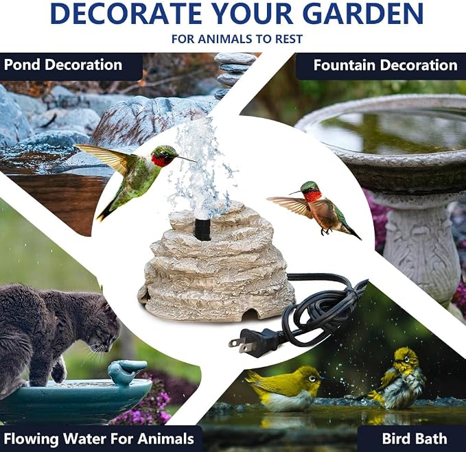 Bird Bath Water Fountain Resin Rock Fountain with 9.8ft Cord Length Water Pump Rock Waterfall for Hummingbird Birdbath Outdoor Decor for Garden Lawn Fish Tank and Aquariums (Grey)