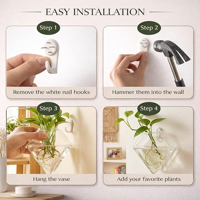 Yungyan 6 Pack Glass Wall Vase Plant Propagation Wall Hanging with Nail Hooks Diamond Propagation Station Flower Vase Glass Terrariums Plant Hanger for Home Office Bathroom Living Room Decor