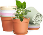 10 Pack 6 Inch Plant Pots with Drainage and Saucers, Plastic Flower Pots for Indoor and Outdoor Plants, Stackable Nursery Planters for Houseplants and Herbs, Colorful