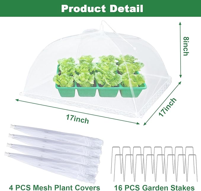 4 Packs Mesh Plant Cover with 16 Ground Stakes, Pop-up Mesh Plant Cover for Outdoor, Reusable Mesh Plant Protector for Vegetables Seedlings and Herbs, Strawberry Plant Protector(17 x 17 Inch)
