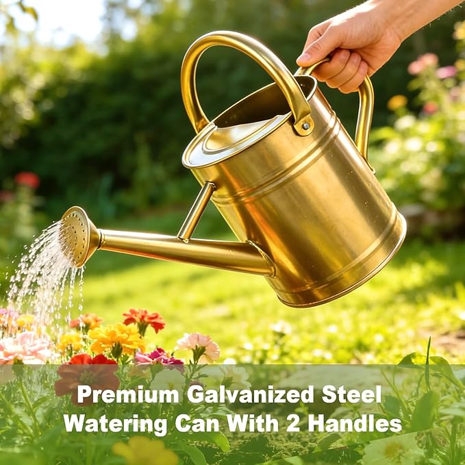 Watering Can for Outdoor&Indoor Plants，1 Gallon Metal Watering Can with with Removable Spout，Galvanized Steel Garden Flower Water Can Plant Watering Pot with 2 Handles，Gold