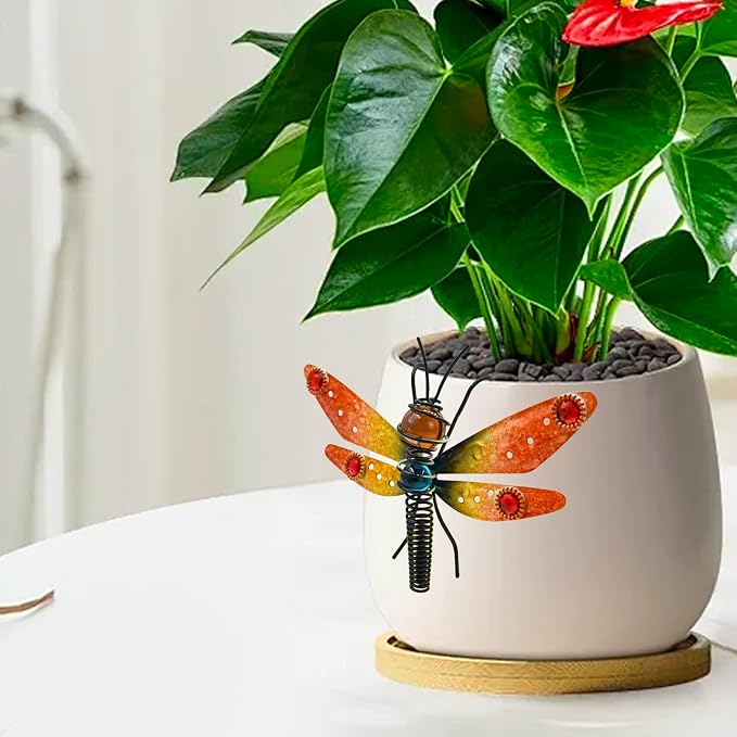 3pcs Dragonfly Decorations for Flower Pots, Colorful Metal Hanging Dragonfly Ornaments Plant Decorations Pot Huggers for Garden Yard Fence Outdoor Decor