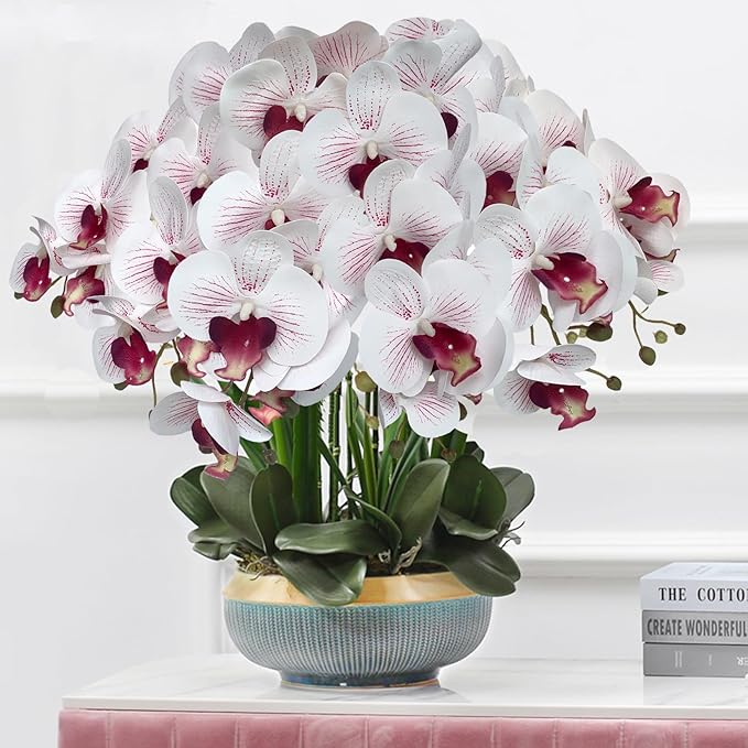 FagusHome 32 Inch Artificial Phalaenopsis Flowers 6 Pcs Artificial Orchid Flowers Stem Plants for Home Décor (White and Purpleline)