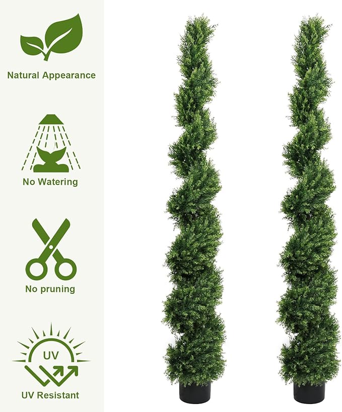 THE BLOOM TIMES 6ft Spiral Artificial Topiary Trees Set of 2, 71 inch Faux Cedar Trees for Outdoor Planters - Fake Twist Cypress Plants for Garden Front Porch Indoor Outside Decor 6 Foot