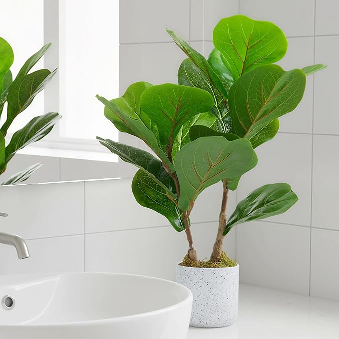 2 Set Fiddle Leaf Fig Fake Plants, 15.7" Faux Green Bonsai Tree with White Marble-Look Pot with Black Speckles, Cement Moss Base, Decorative Artificial Plants Indoor for Home & Office