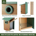 Kingsyard Recycled Plastic Bird House for Outdoor - Durable Nesting Box with Clear View Panel & Predator Guard for Bluebird Wren Swallow Finch, Green & Brown