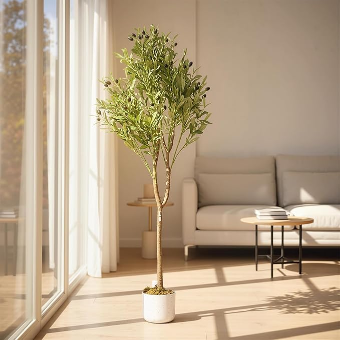 4.3FT Olive Trees Artificial Indoor, Potted Fake Olive Tree with Silk Leaves & 44 Fruits, Decorative Floor Plant for Living Room Indoor Outdoor Office Decor