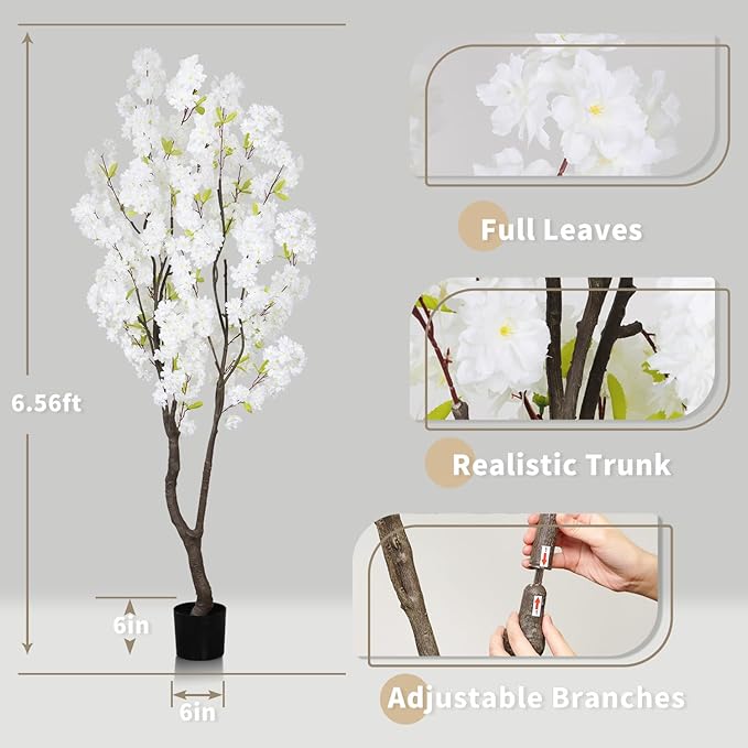Faux White Cherry Blossom Tree 6.5ft(78in)Tall Artificial Japanese Sakura in Pot Realistic Cherry Plant Decor Handmade Natural Fake White Flower Tree for Christmas,New Year,Wedding,Living Room