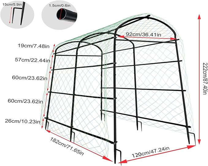 unho 87inch Metal Garden Trellis Arch for Climbing Plants - Polyethylene-Coated Anti-Rust, Heavy Duty, Wide Walk-Through Outdoor Arch with Net, for Cucumber Tomato Squash Zucchini Peas Grape Flowers