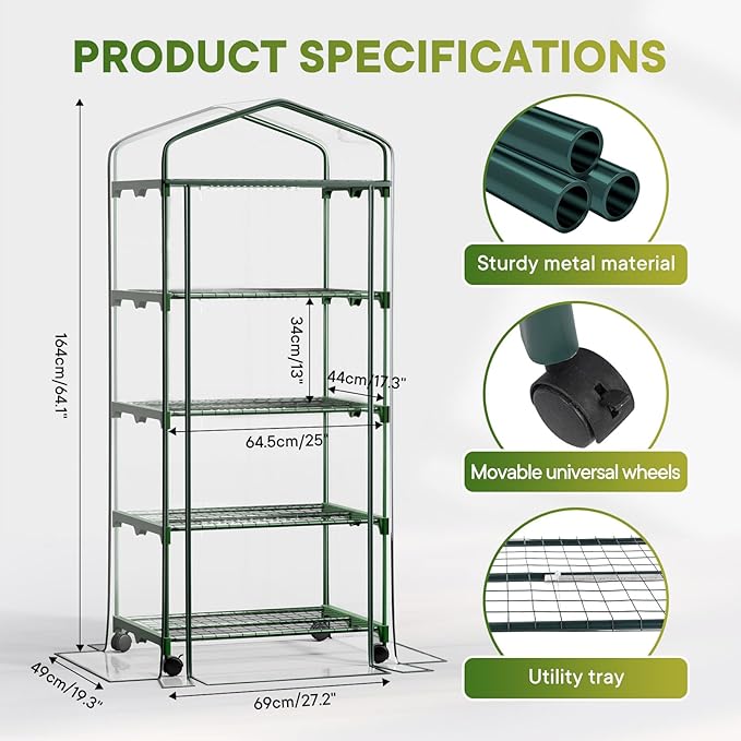 Indoor Greenhouse with Grow Lights & Wheels, 4 Tier Wire Shelf PVC Tent Portable Mini Green House Cabinet Kit for Plant Seed Starting Mushroom Grow