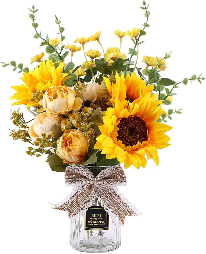 CEWOR Fake Flowers in Vase, Artificial Flowers with Vase Faux Silk Floral Arrangement Table Centerpieces Decor for Home Office Dining Farmhouse Coffee Table Living Room Bathroom Plant Decor(Yellow)
