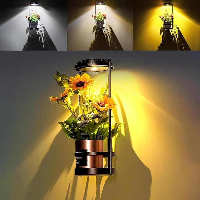 Solar Floor Lamps with Plant Stand, 3 Color Temperatures Solar Outdoor Lights, Metal Hanging Plant Holder Outdoor Wall Sconce for Garden Yard Patio Balcony (Black)