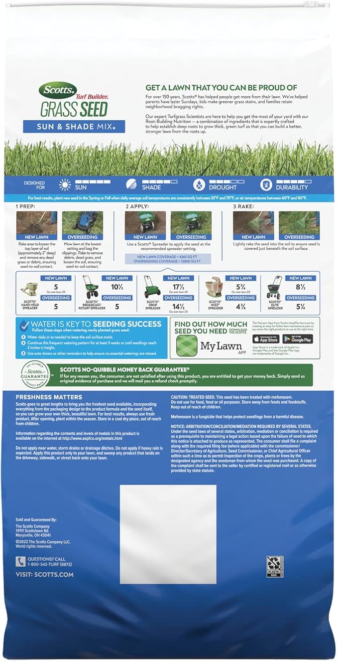 Scotts Turf Builder Grass Seed Sun and Shade Mix - Grass Seed Plus Lawn Fertilizer and Soil Improver, Covers Up To 12,800 sq. ft., 32 lb.